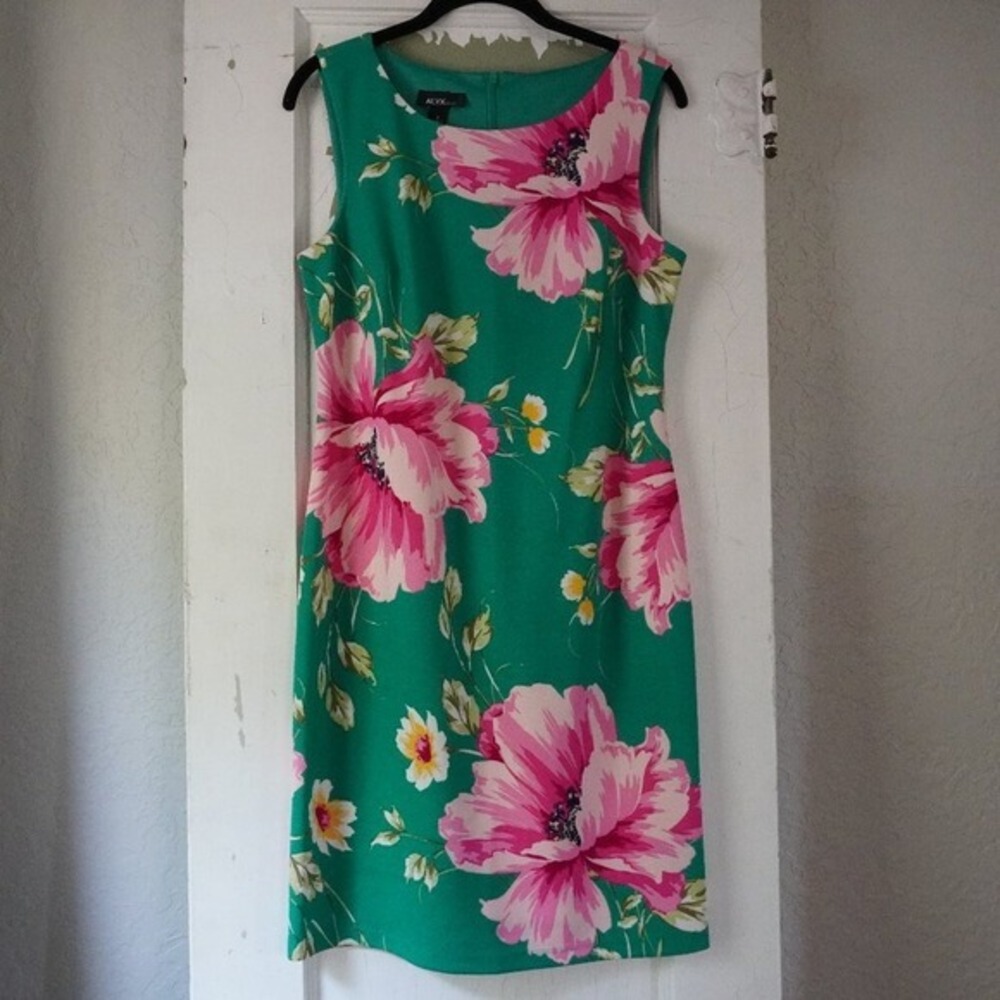 ALYX Green Pink Floral Sleeveless Sheath Dress Size 4 Knee Length Wedding Guest